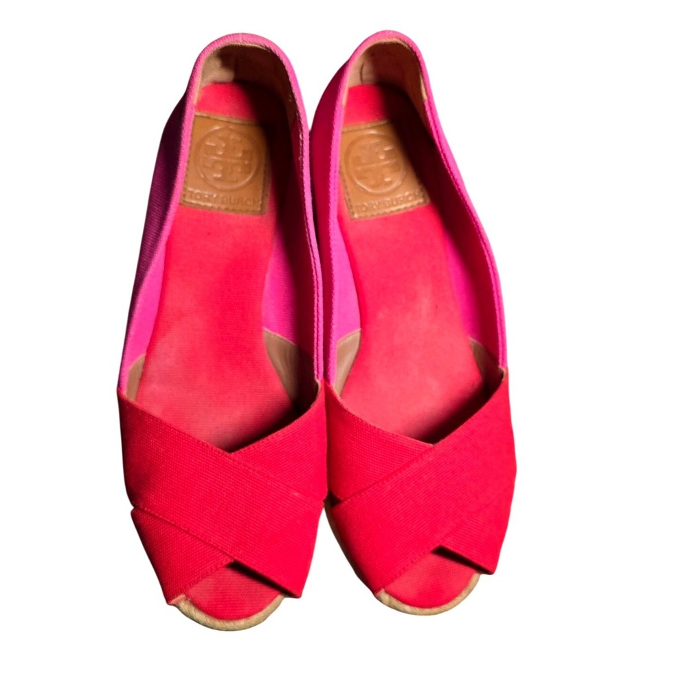 Tory Burch Womens Pink Red Canvas Espadrille Wedge Sandals Size 8.5 B Made Spain - Picture 4 of 8